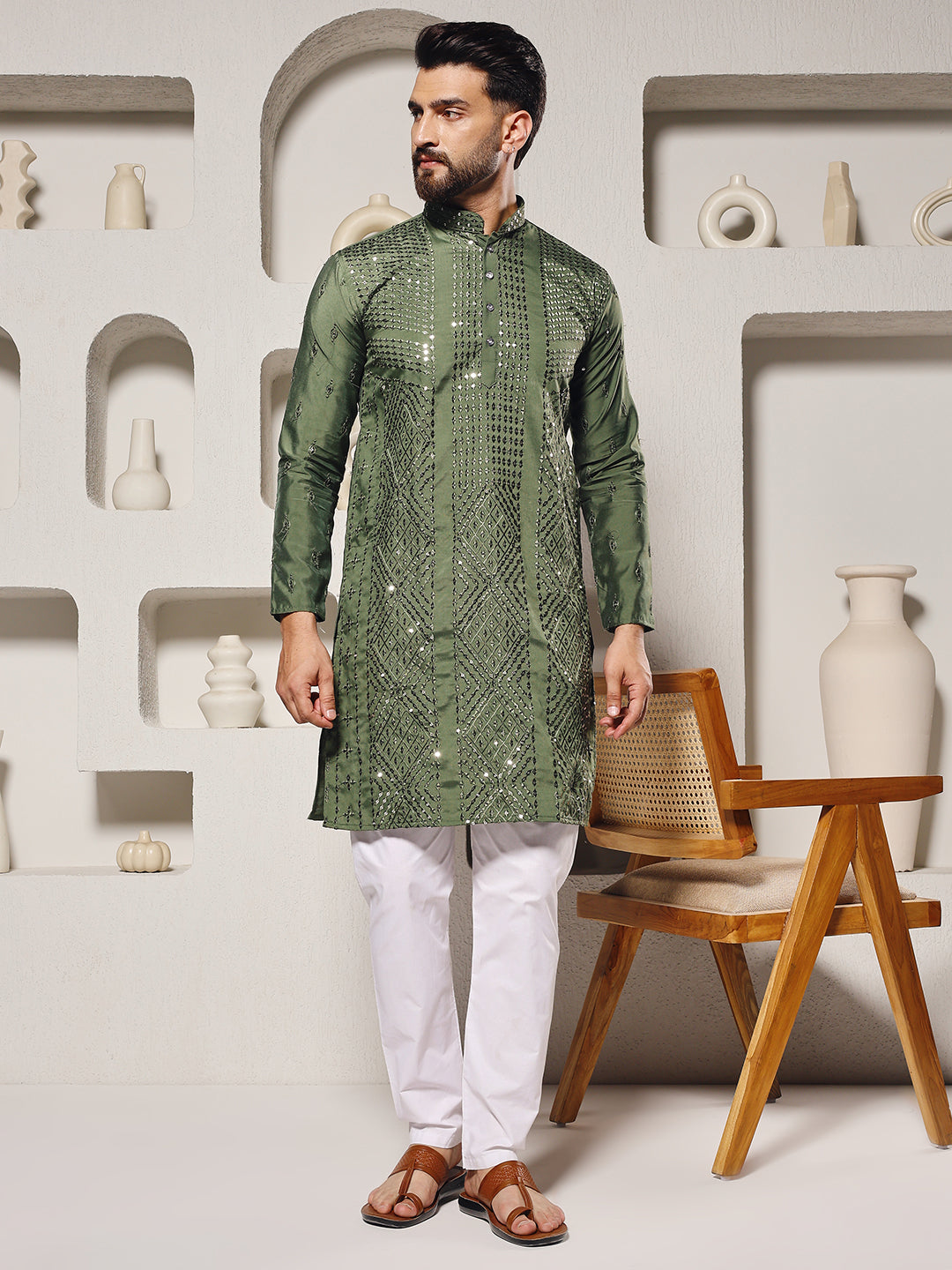Moss Green Regal Sequins Kurta Set