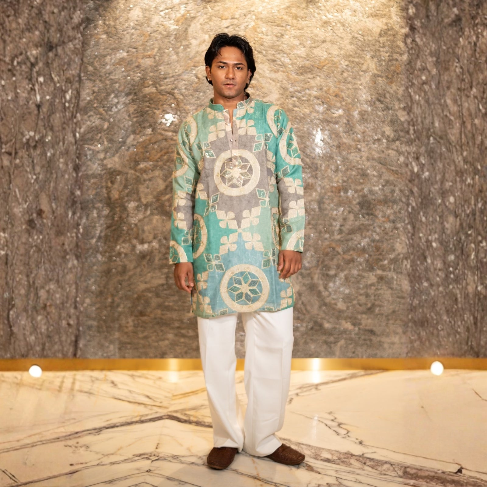 The Shams Embroidered Kurta (Seafoam & Grey)