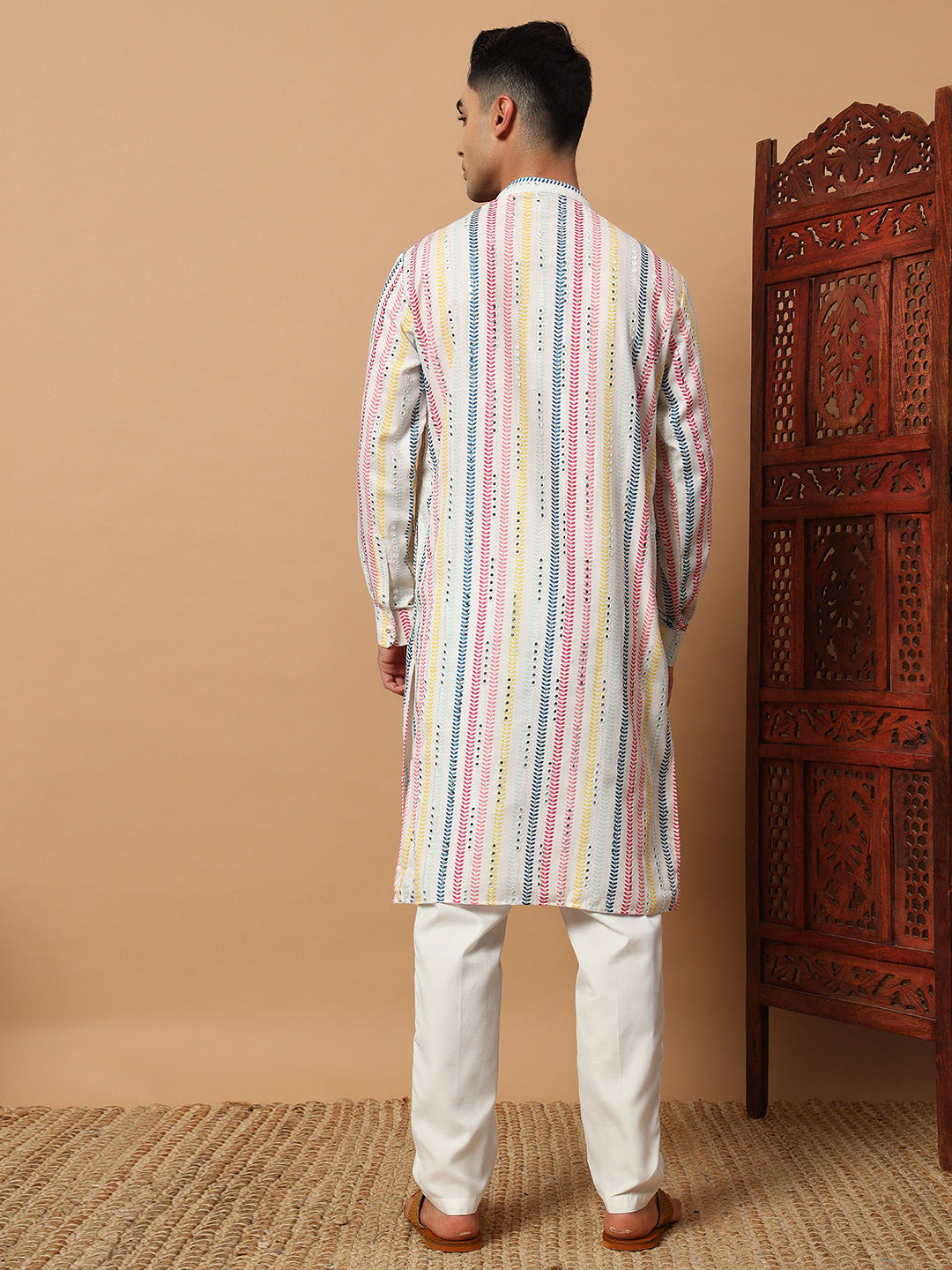 White Multi Colour Mirror Work Kurta Set