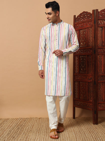 White Multi Colour Mirror Work Kurta Set