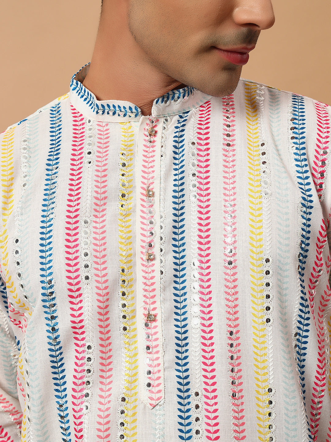 White Multi Colour Mirror Work Kurta Set