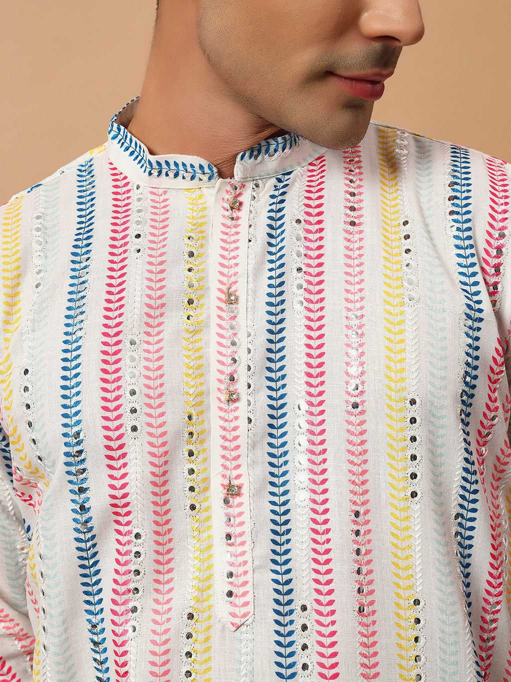 White Multi Colour Mirror Work Kurta Set