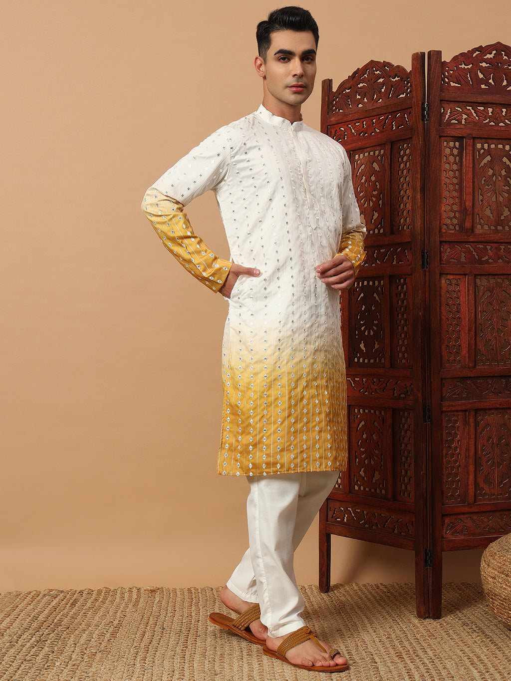 Yellow Ombre Mirror Work Kurta Set