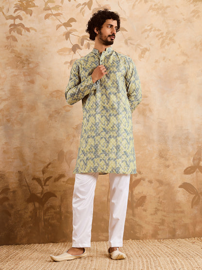 Yellow Grey Premium Embroidery Printed Kurta