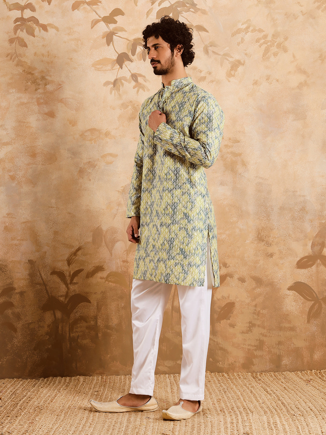 Yellow Grey Premium Embroidery Printed Kurta