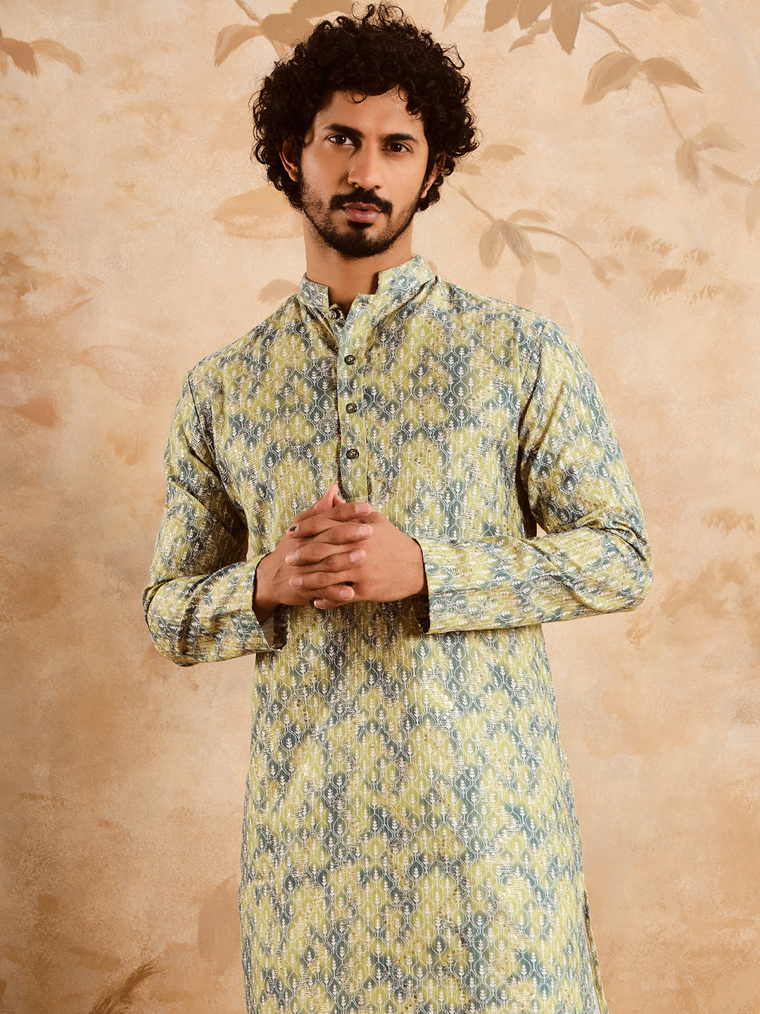 Yellow Grey Premium Embroidery Printed Kurta