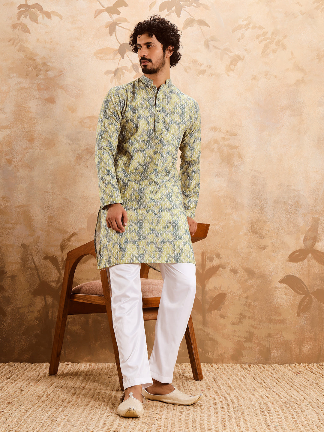 Yellow Grey Premium Embroidery Printed Kurta