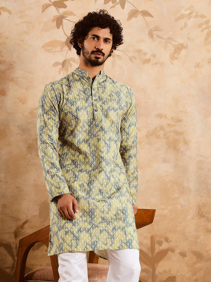 Yellow Grey Premium Embroidery Printed Kurta