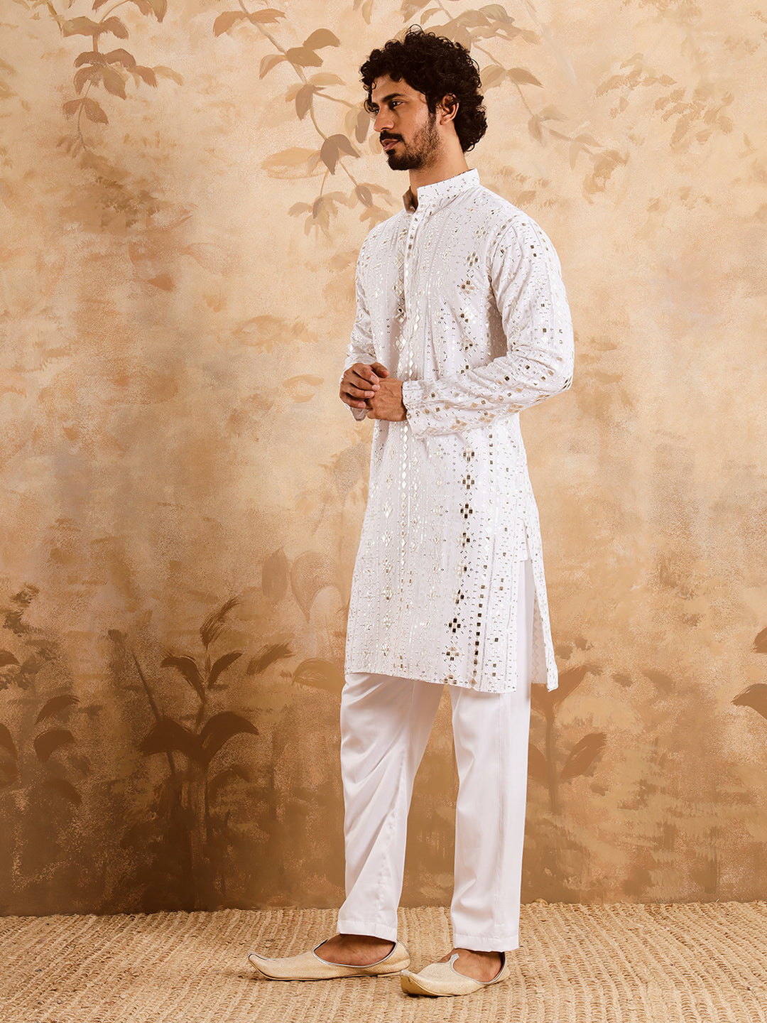 White Rich Mirror Work Kurta