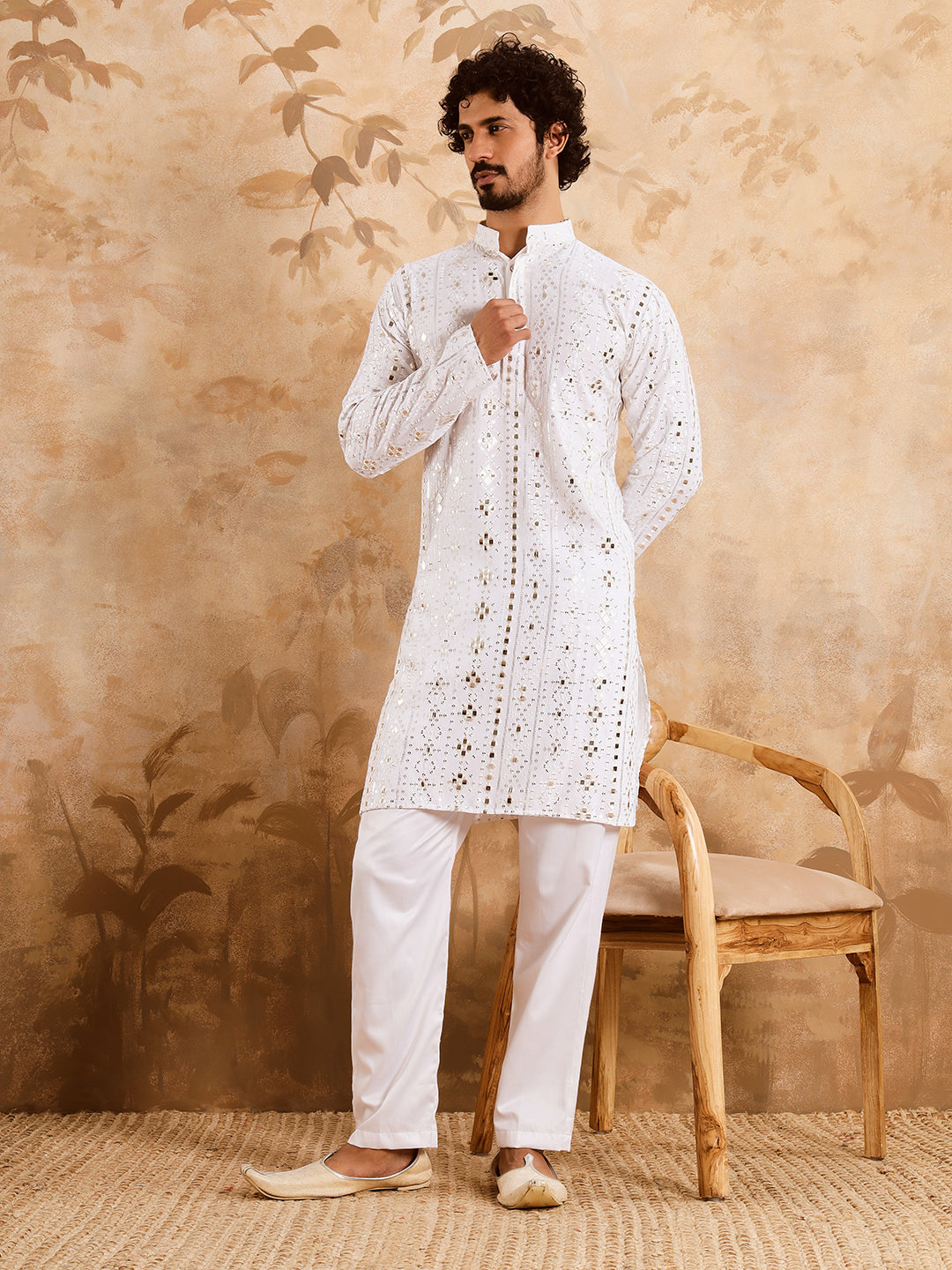 White Rich Mirror Work Kurta