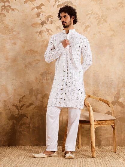 White Rich Mirror Work Kurta Set