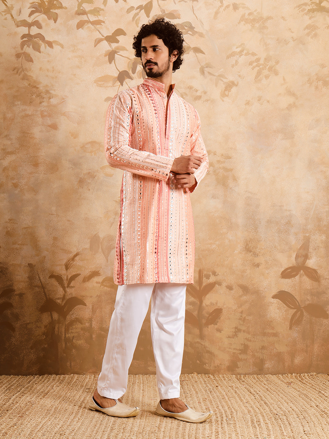 Peachy Pink Rich Mirror Work Kurta Set