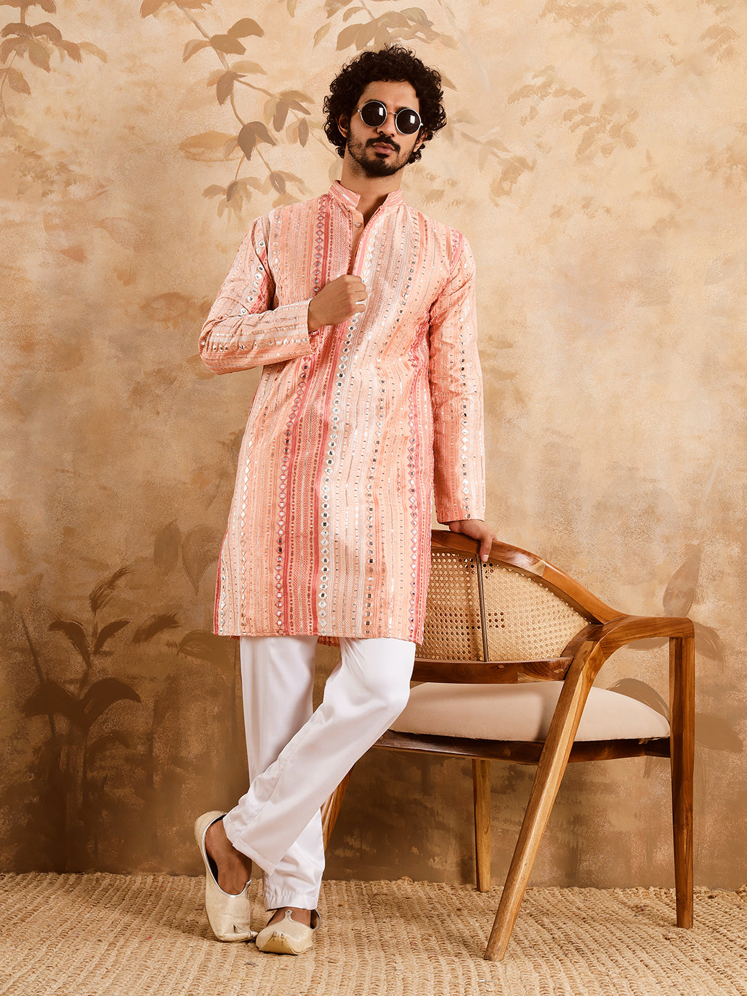 Peachy Pink Rich Mirror Work Kurta