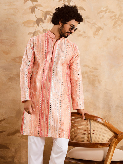 Peachy Pink Rich Mirror Work Kurta Set