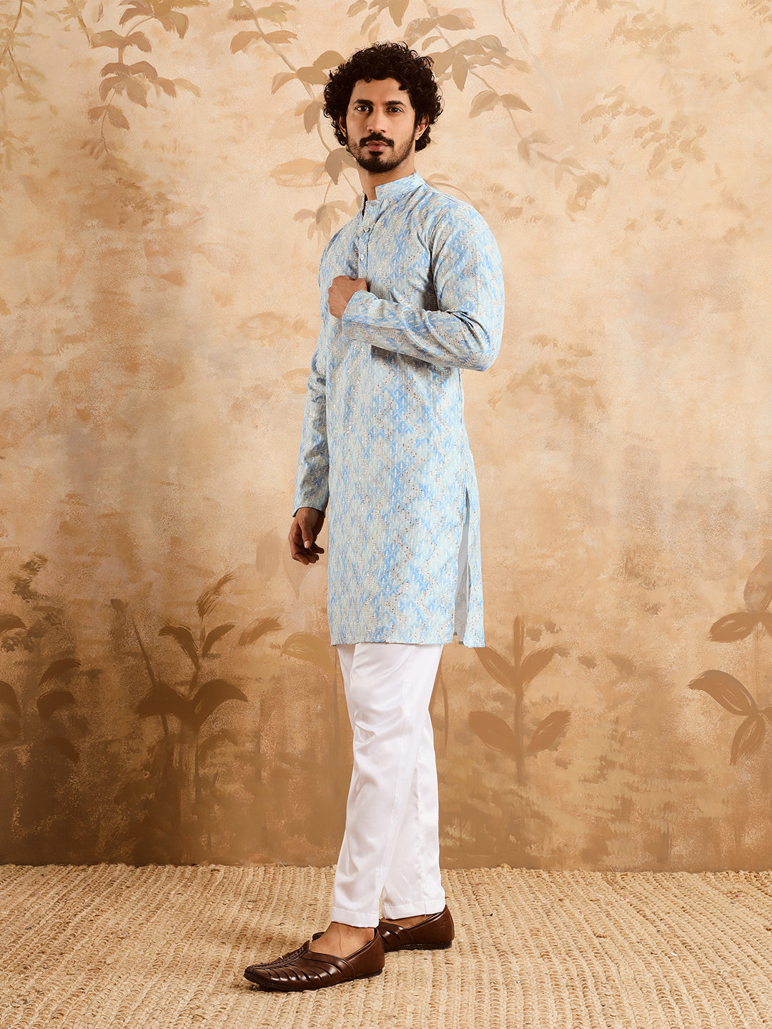 Powder Blue Premium Embroidery Printed Kurta