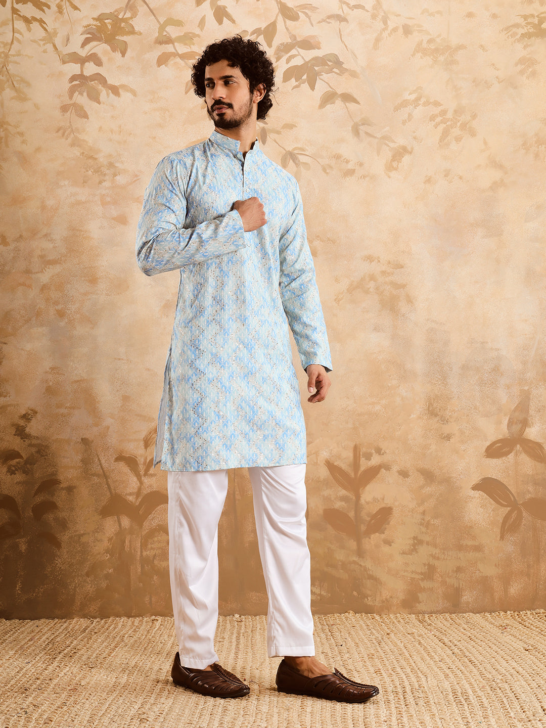 Powder Blue Premium Embroidery Printed Kurta