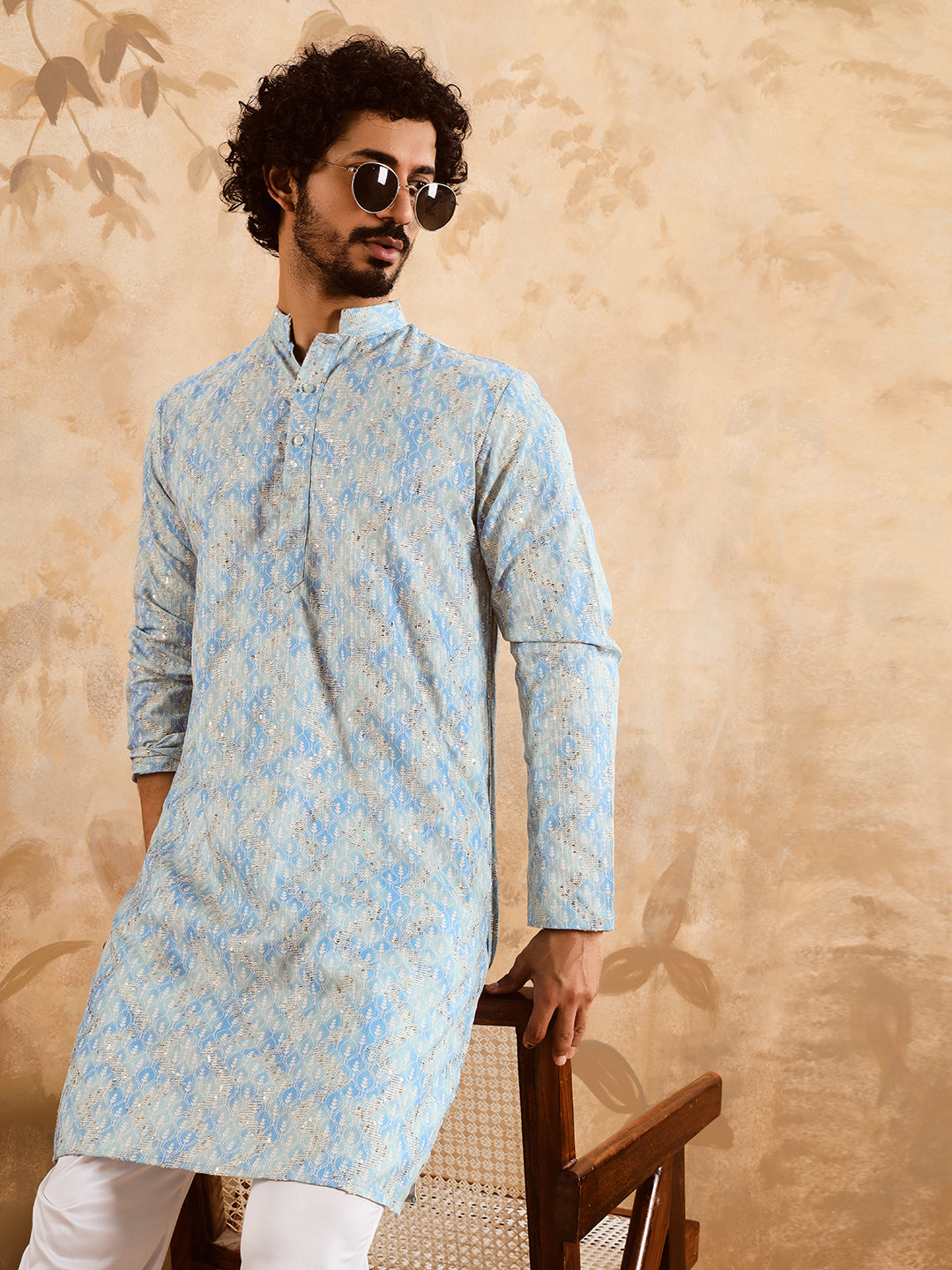 Powder Blue Premium Embroidery Printed Kurta