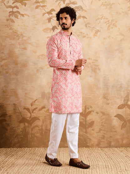 Pink Premium Embroidery Printed Kurta