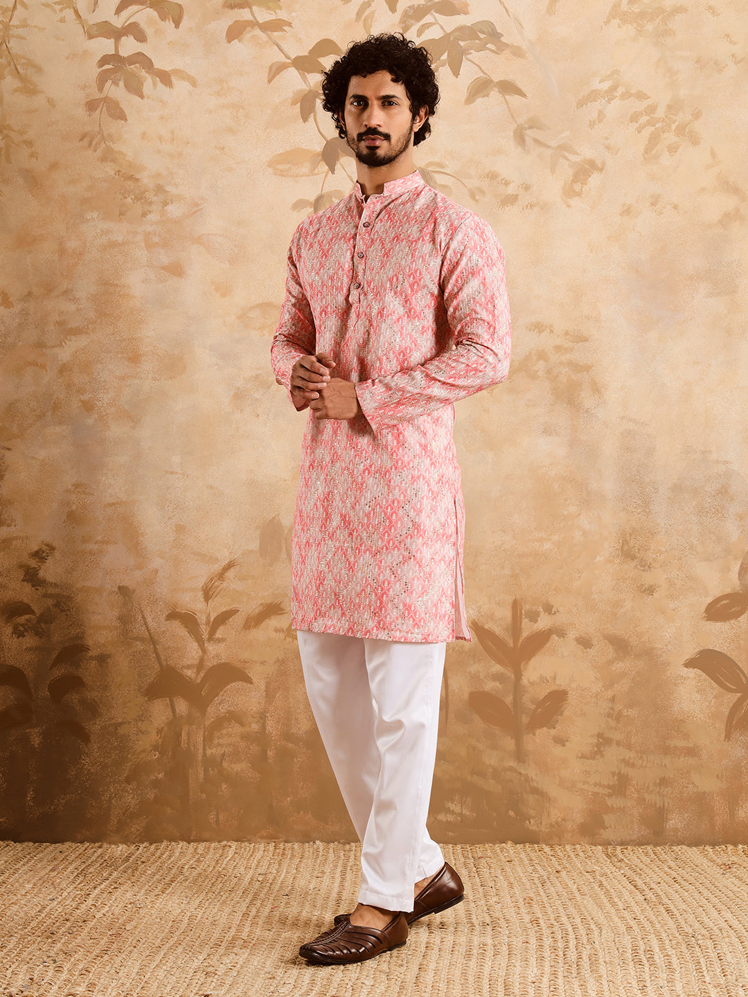 Pink Premium Embroidery Printed Kurta