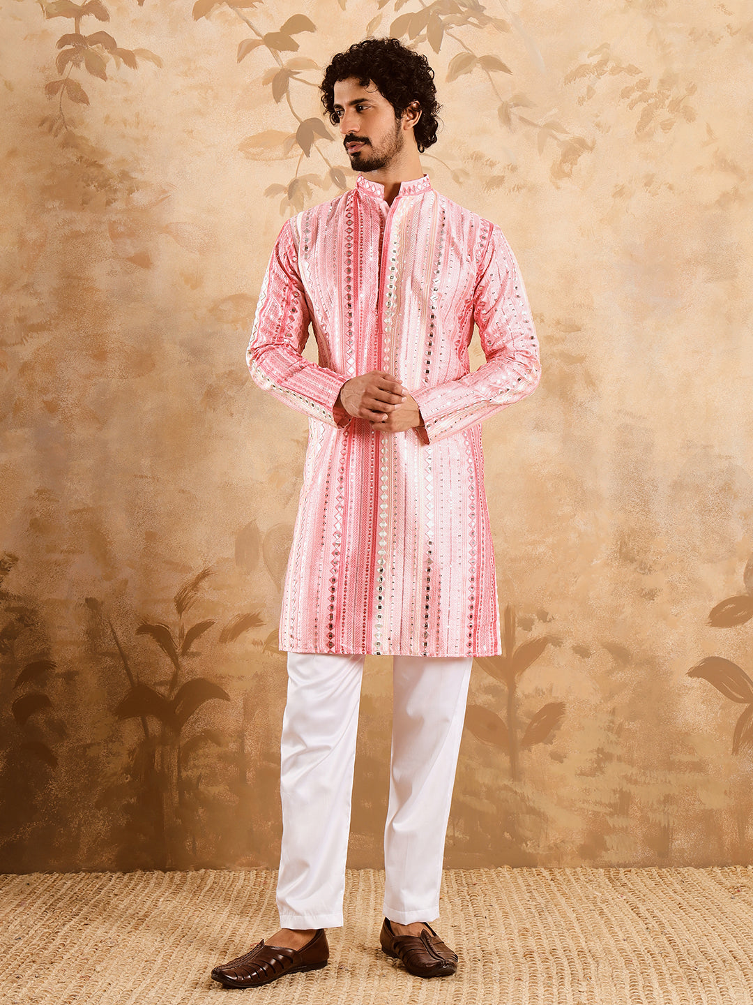 Light Pink Rich Mirror Work Kurta Set