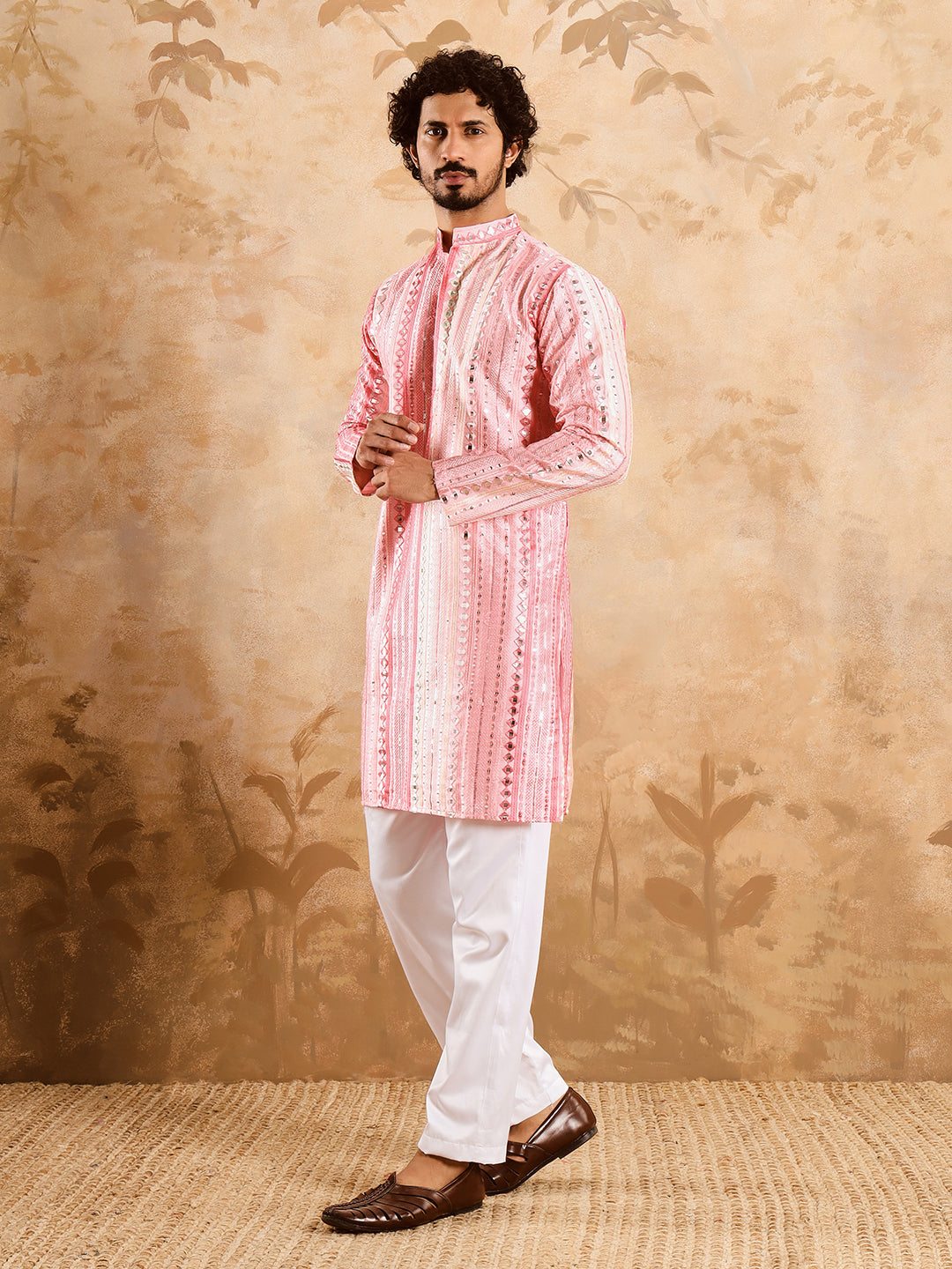 Light Pink Rich Mirror Work Kurta Set