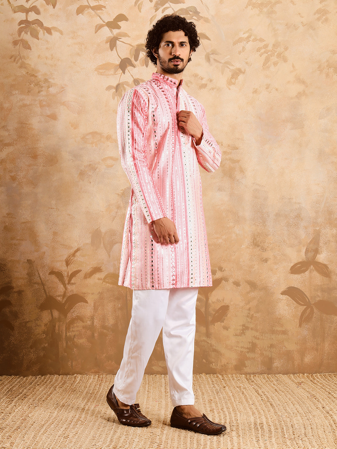 Light Pink Rich Mirror Work Kurta Set