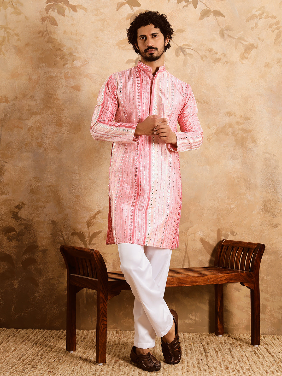 Light Pink Rich Mirror Work Kurta Set