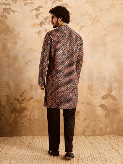 Multi Color Brown Premium Embroidery Printed Kurta