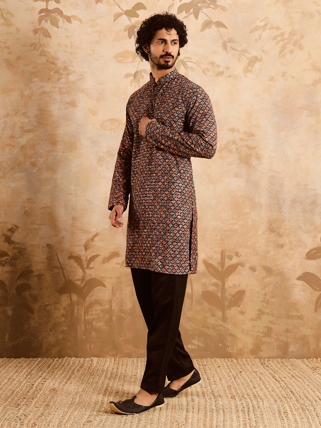 Multi Color Brown Premium Embroidery Printed Kurta