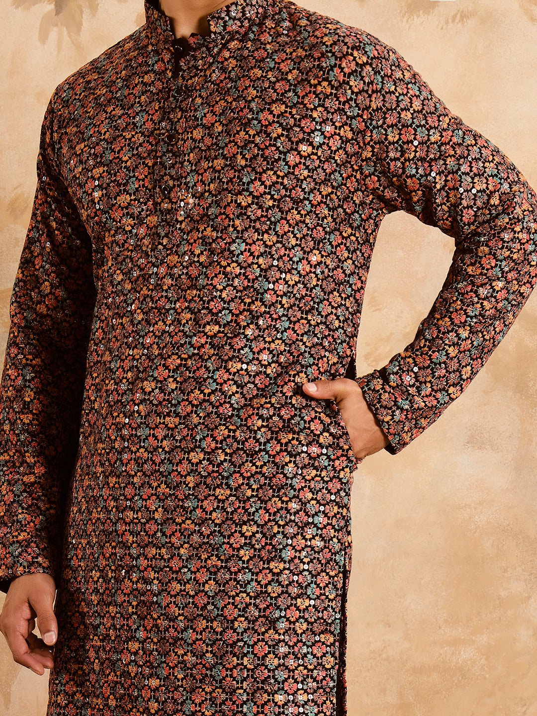 Multi Color Brown Premium Embroidery Printed Kurta