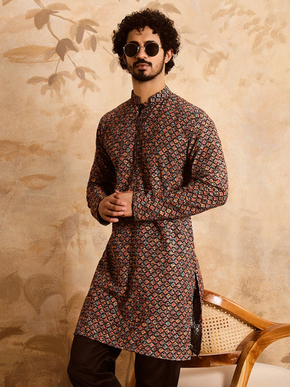 Multi Color Brown Premium Embroidery Printed Kurta