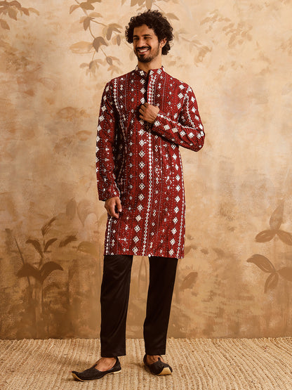 Red Rich Mirror Work Kurta Set