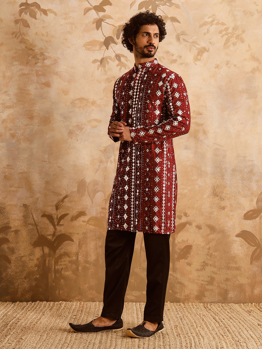 Red Rich Mirror Work Kurta Set