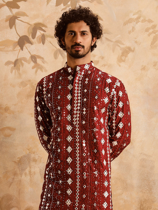 Red Rich Mirror Work Kurta Set