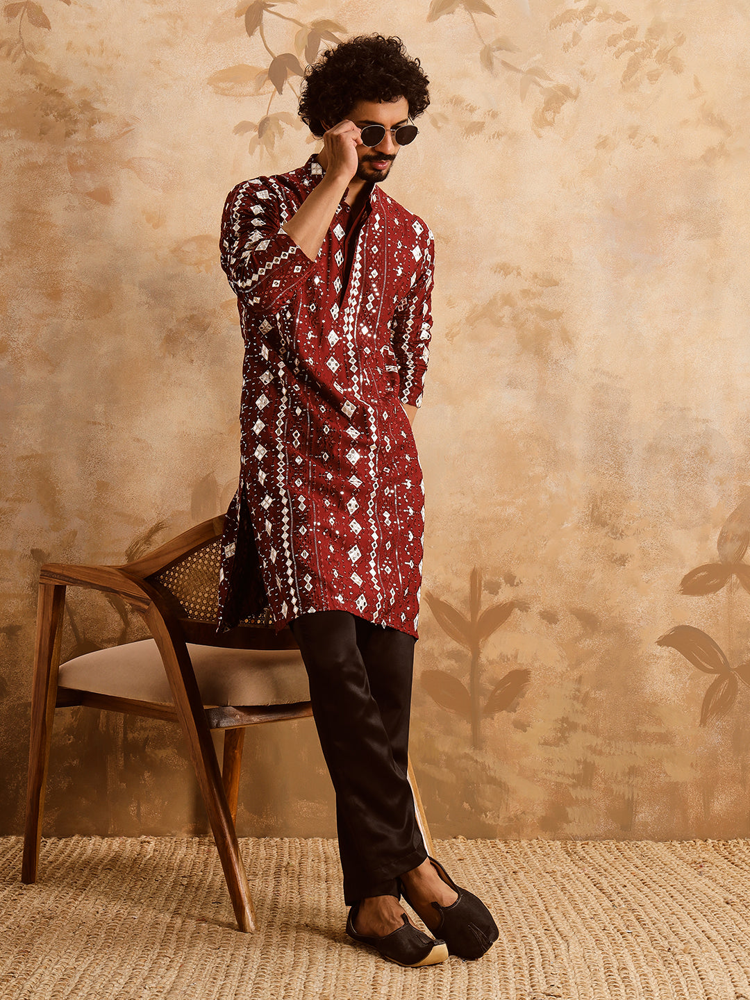 Red Rich Mirror Work Kurta Set