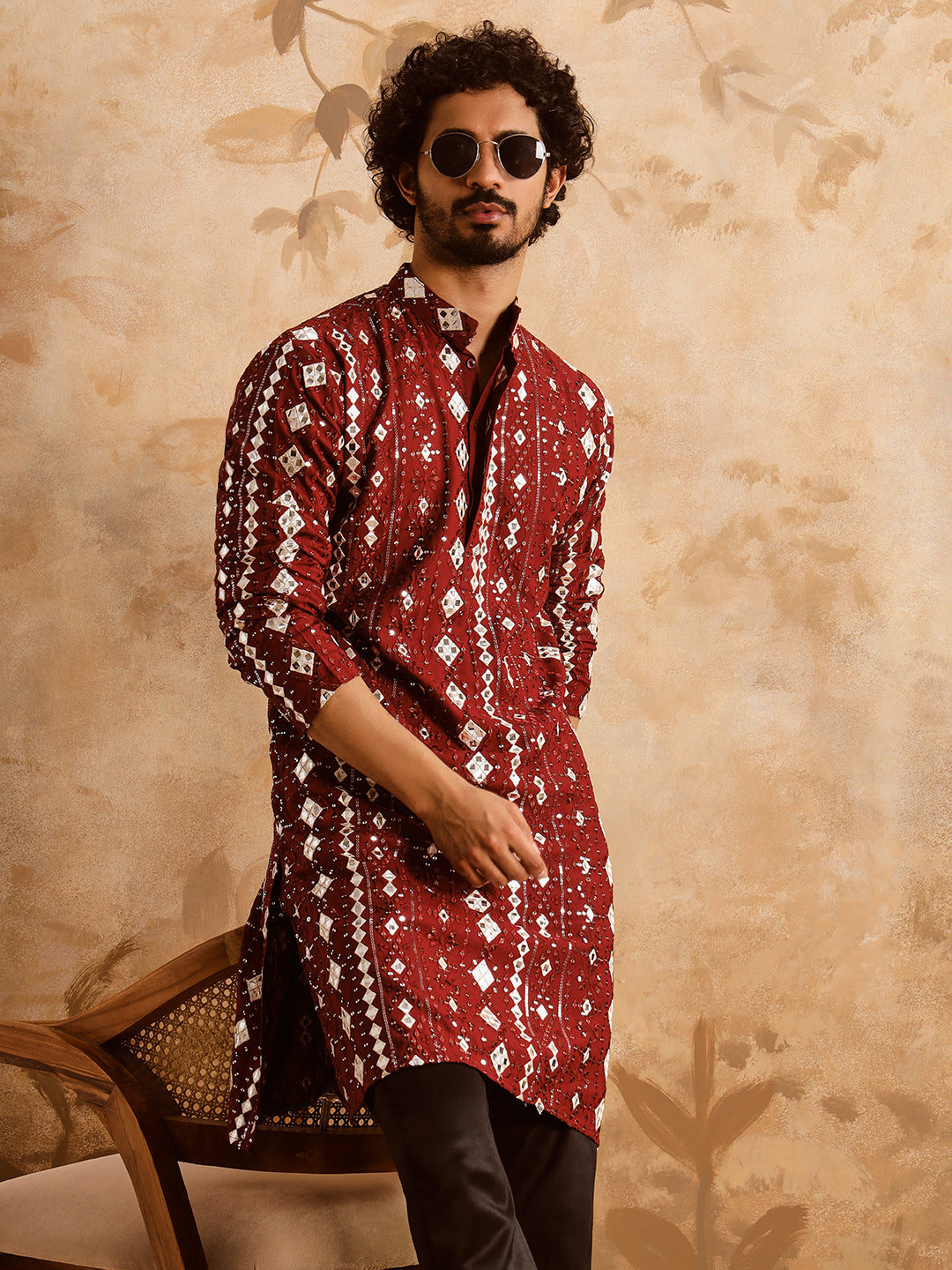 Red Rich Mirror Work Kurta Set