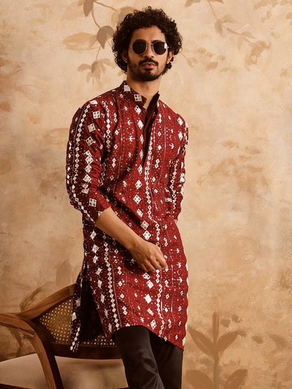 Red Rich Mirror Work Kurta Set