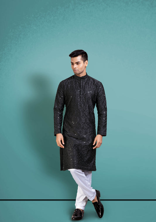 Black Cotton Satin Kurta