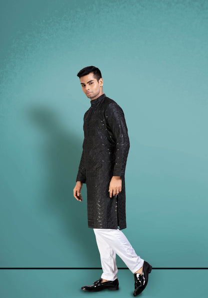 Black Cotton Satin Kurta