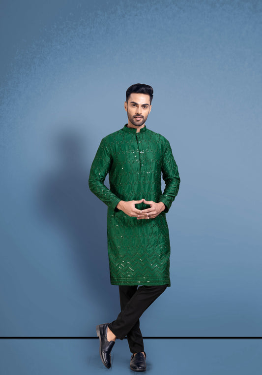 Green Cotton Satin Kurta