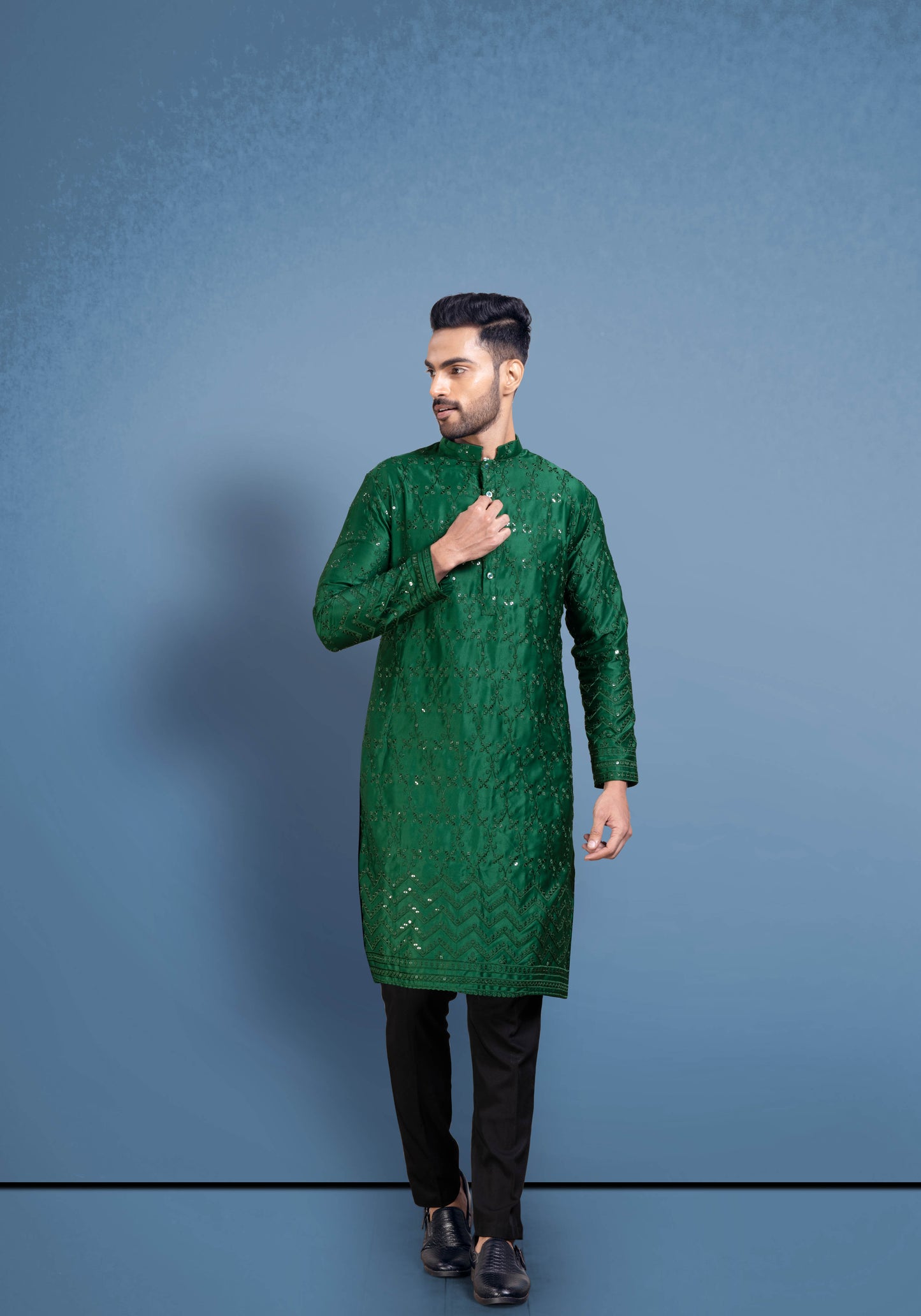 Green Cotton Satin Kurta