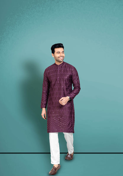 Wine Purple Cotton Satin Kurta