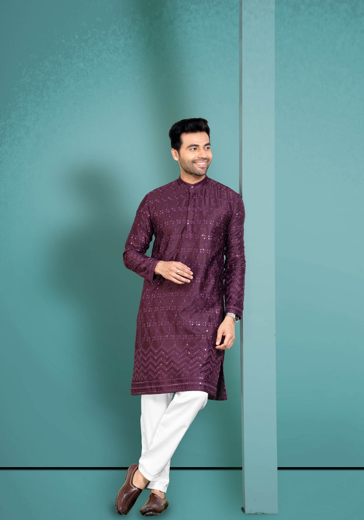 Wine Purple Cotton Satin Kurta