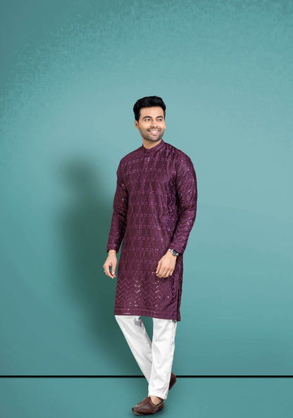 Wine Purple Cotton Satin Kurta