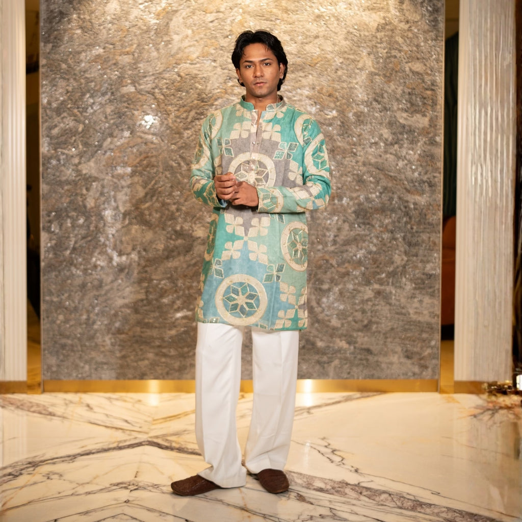 The Shams Embroidered Kurta (Seafoam & Grey)