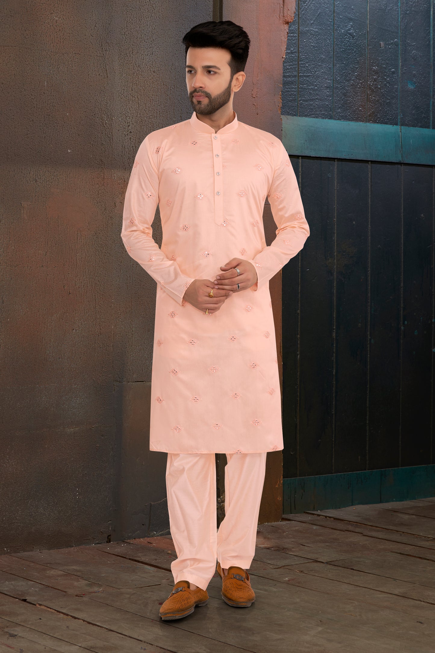 Peach Mirror Butta Kurta Set