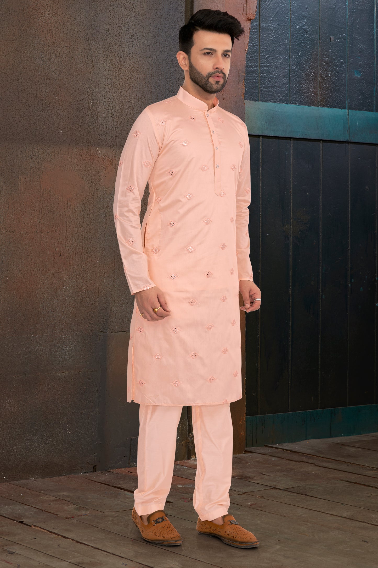 Peach Mirror Butta Kurta Set