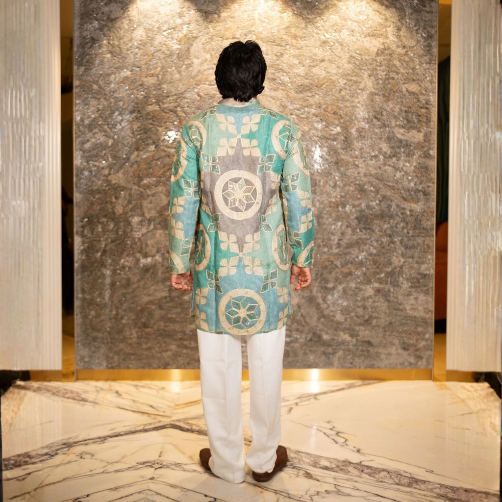 The Shams Embroidered Kurta (Seafoam & Grey)