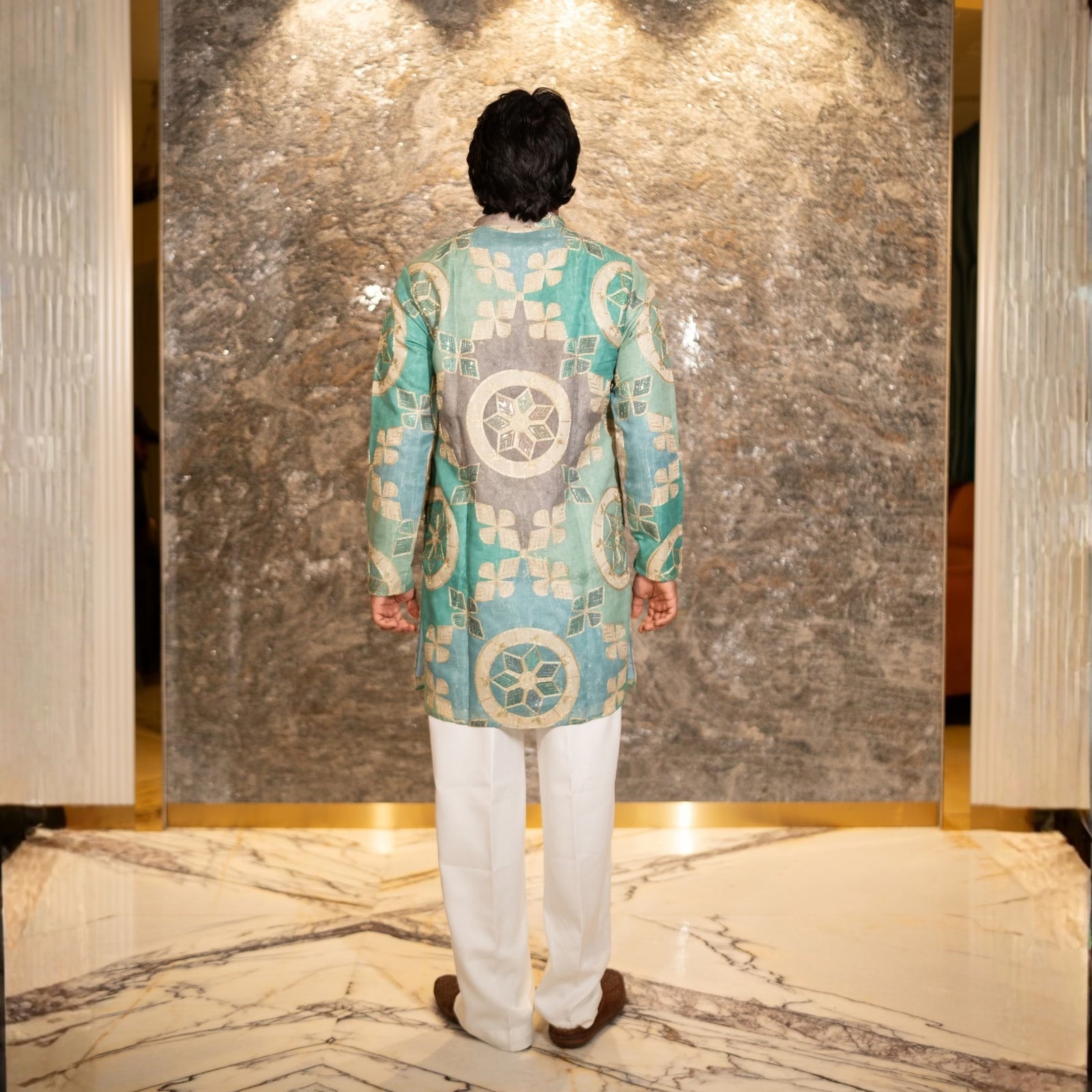 The Shams Embroidered Kurta (Seafoam & Grey)