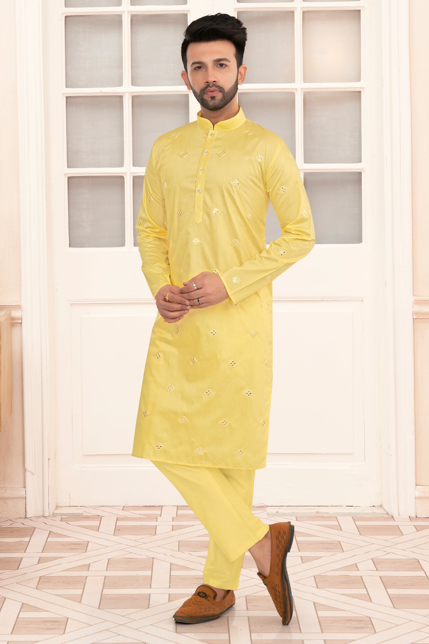 Yellow Mirror Butta Kurta Set